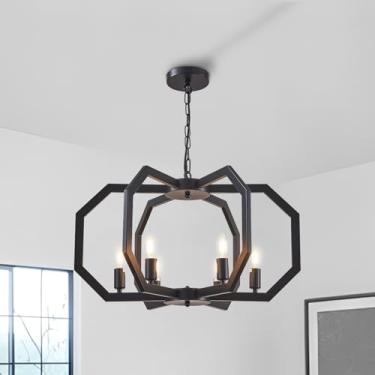 Imagem de Lanhall Lustre De Fazenda Com 6 Luzes, Luminária Pendente Preta Para Sala Jantar, Estilo Rústico Moderno E Geométrico, Estar, Ilha Cozinha, Hall Entrada, Corredor, Escada, Altura Ajustável