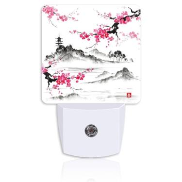 Imagem de Neidius Luz Noturna De Parede Com Tema Lago E Colinas Em Flor Cerejeira, Pintura Japonesa Sumi-E, Luzes Led Sensor Anoitecer Ao Amanhecer Para Decoração Quarto Meninos Meninas, Corredor, Cozinha, Ba