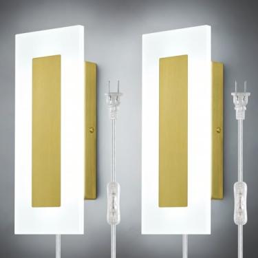 Imagem de BNHHLZ Conjunto De Arandelas Parede Modernas Com Encaixe Dourado, Duas Luzes Acrílico, 9W, 6000K, Fiação, Cabo 180 Cm E Interruptor Liga/Desliga Para Quarto, Cabeceira, Sala Estar, Escada, Corredor