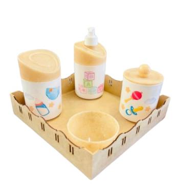 Imagem de Kit Higiene Baby Menina e Menino c/bandeja em MDF (Quadrada Crua/Madeira)
