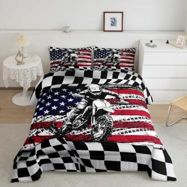 Imagem de jejeloiu Jogo de cama casal para meninos, motocross, corrida, motocross, bandeira americana, edredom macio, 3 peças, branco e preto xadrez
