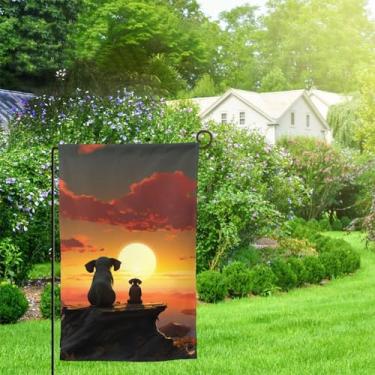 Imagem de Relógio de elefante e cachorro com estampa do pôr do sol bandeira de jardim dupla face bandeira de quintal 45,7 x 32 cm bandeira de feriado bandeira de festa todas as estações bandeira de boas-vindas