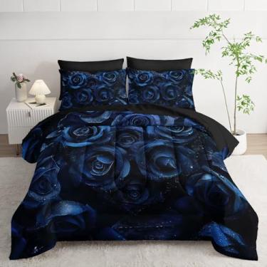 Imagem de Smell Sunshine Jogo de cama de 7 peças, azul floral, dia dos namorados, estampa rosa 3D, 1 edredom, 1 lençol de cima, 1 lençol com elástico e 4 fronhas para quarto de meninos e meninas (Rose Queen
