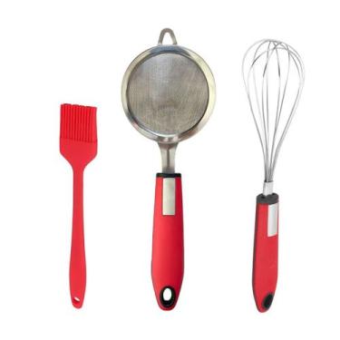 Imagem de Kit Cozinha - Pincel de Silicone Peneira em Inox e Batedor Vermelho - 