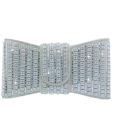 Imagem de Boutique De FGG Bolsa clutch de strass para mulheres, formal, festa, cristal, bolsa de mão com laço para noite, bolsa de formatura, pequena, Prata, Mini