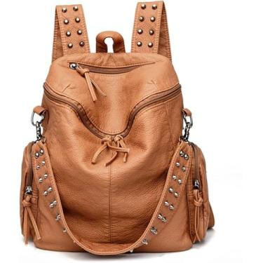 Imagem de Mochila De Viagem Feminina Bolsa De Ombro Retrô Rebites De Couro Mochila De Grande Capacidade, Yellow, 28x13x34cm