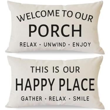 Imagem de HERHOME Capas de almofada decorativas para casa de fazenda ao ar livre 30 x 50 cm Conjunto de 2 Bem-vindo à nossa varanda This is Our Happy Place Relaxe Unwind para decoração de sofá de móveis de