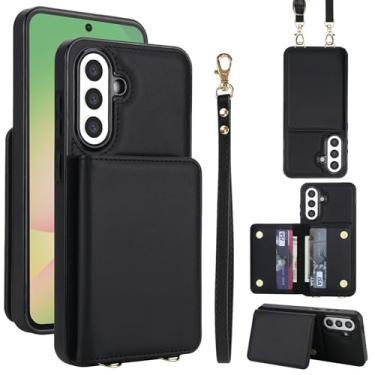 Imagem de Capa carteira de couro PU para Samsung Galaxy A56 5G, 4 compartimentos para cartão e 2 compartimentos para dinheiro, bloqueio RFID, alça destacável, capa com suporte antiarranhões e à prova de choque