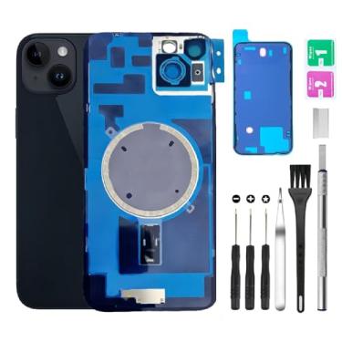 Imagem de Substituição de vidro traseiro para iPhone 14 Plus + lente da câmera + ímã + suporte de peça de ferro com kit de ferramentas de reparo (preto)