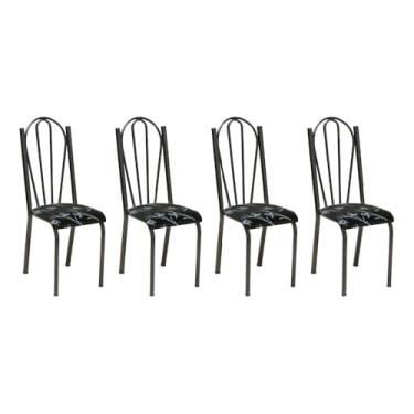 Imagem de Kit 4 Cadeiras de Cozinha Alasca Estampado Preto Florido Pés de Ferro Cromo Preto - Pallazio