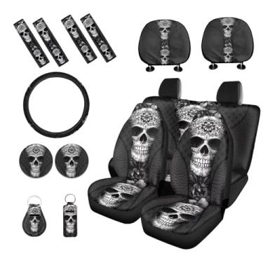 Imagem de PCSJRKG Conjunto de acessórios de carro com estampa de caveira, conjunto de capa protetora de assento de carro, capa de volante, capas de cinto de segurança, porta-copos de carro, capa de apoio de