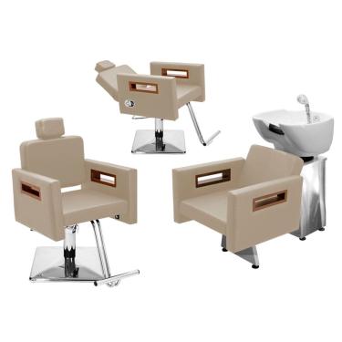 Imagem de Kit Salão de Beleza 1 Cadeira Fixa + 1 Reclinável Quadrada + 1 Lavatório Base Inox Tunísia