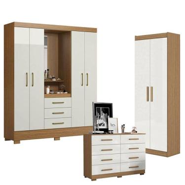 Imagem de Guarda Roupa Solteiro Paris 2045150 com Armário Multiuso 2 Portas 2000191 e Cômoda 8 Gavetas 2014148 Atacama Off White - Aramóveis