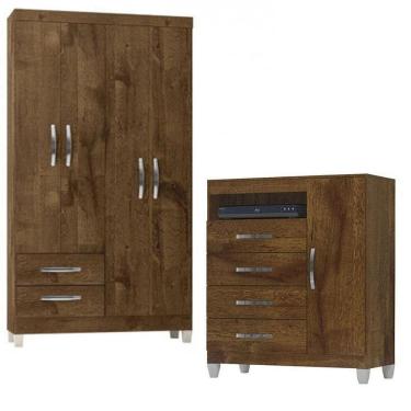 Imagem de Guarda Roupa Solteiro Módena 4 Portas E Cômoda Sapateira Cannes Malbec - Incorplac