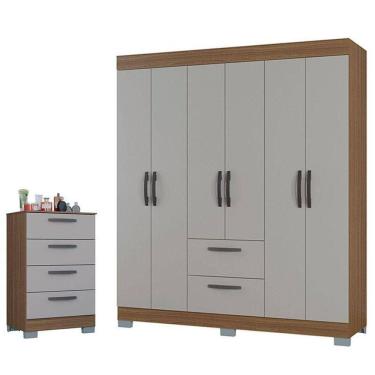 Imagem de Cômoda 867 4 Gavetas E Guarda Roupa Casal Tóquio 6 Portas Castanho Off White - Poquema