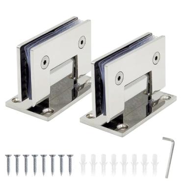 Imagem de Cokritsm Pacote com 2 dobradiças de porta de chuveiro de vidro de 90 graus, peças de reposição com ferragens de montagem braçadeira de portão de banheiro de aço inoxidável para 8-12 mm prata de vidro