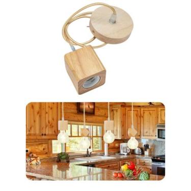 Imagem de Lustre Pendente Tampa Canopla Rústico Em Madeira 1M Fio Pp E - CBC