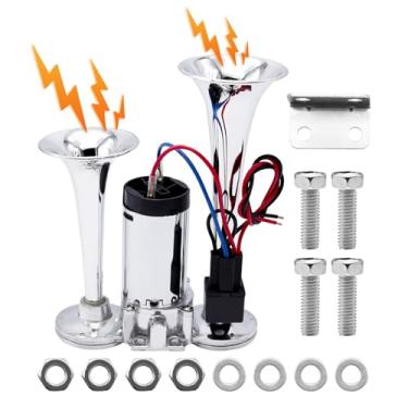 Imagem de MDEOOSKY Buzina elétrica de carro 12V 600DB Kit de buzina de ar de trem super alto para caminhão, kit de buzina de ar de trompetes duplos com unidade de compressor para alto-falante de caminhão,