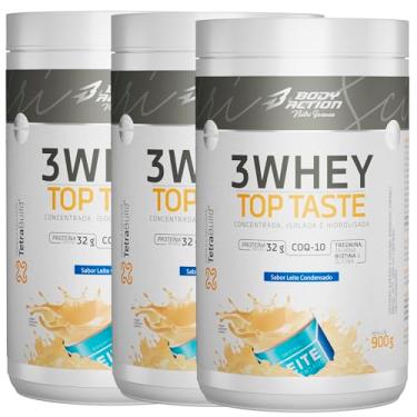 Imagem de BODYACTION - 3Whey Top Taste - Whey Protein Concentrado/Isolado/Hidrolisado - 32g de Proteína por Dose, Suplementação Alimentar Pós-Treino, Fórmula Enriquecida com BCAAs - Adoçado com Stevia - Suplemento Alimentar - Fonte de Proteínas e Carboidratos - Kit 3un - Pote 900g (3 Potes - 900g, Leite Conde
