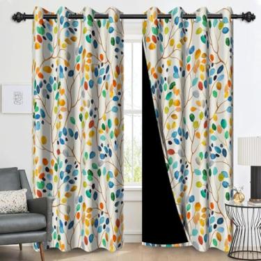 Imagem de Cortinas blecaute 100% de folhas coloridas para quarto, aquarela, folhas florais, cortinas pretas para sala de estar, ilhós, cortinas de janela com isolamento térmico, 2 painéis, 52Lx84C