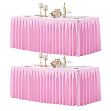 Imagem de Saias de mesa para mesas retangulares de 1,8 m, pacote com 2 capas de mesa rosa para mesas de 1,8 m, toalhas de mesa elásticas sem rugas com tecido de saia plissada para banquete, festa, casamento
