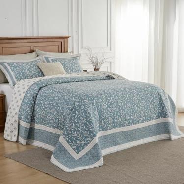 Imagem de QuiltMuse Colcha botânica King Size 304.8 cm x 304.8 cm - 100% algodão, leve, extragrande, com 2 fronhas, capa de cama acolchoada reversível com estampa de planta de fazenda, 3 peças, azul neblina