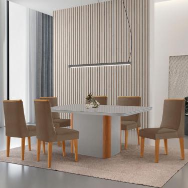 Imagem de Mesa De Jantar Isadora 180cm Tampo Mdf Vidro Com 6 Cadeiras Veludo Capuccino Off White Naturale Serigrafia