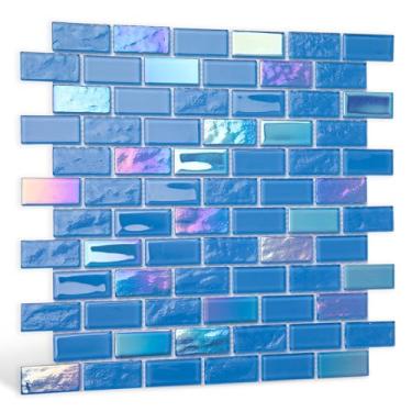Imagem de Soulscrafts Mosaico de vidro, fundo de mosaico de vidro para piscina, 30,5 x 30,5 cm, para piscina, cozinha, banheiro, tijolo, azul esmalte, 5 folhas