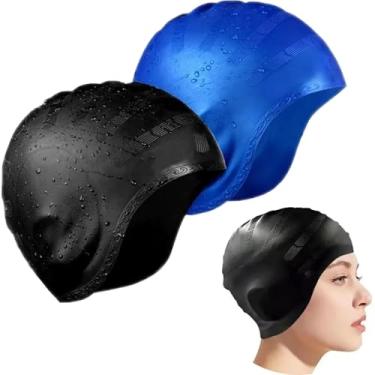 Imagem de KEWAYO Touca de natação de silicone, preta e azul, design elástico para todos os tipos de cabelo, pacote com 2