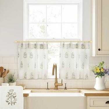 Imagem de Cortina de janela pequena de linho floral Boho para cozinha e banheiro, cortina de café com pregas de beliscar 61 x 45 cm de comprimento marrom claro