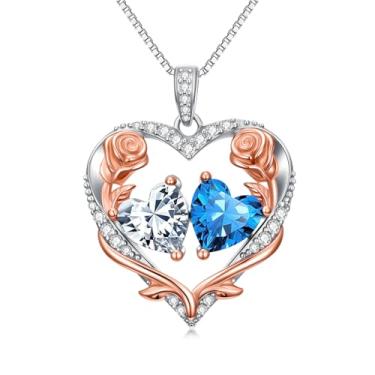 Imagem de Zoeniya Colar de coração rosa para mulheres banhado a ouro branco 18 k 12 meses com pedra do mês de nascimento, presente de aniversário e Natal para sua esposa, namorada, 25mm, base, Zircônia cúbica