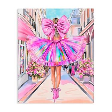 Imagem de Stupell Industries Design de arte de parede em tela prismático com laço rosa e vestido por Jess Stempel, 76 x 61 cm