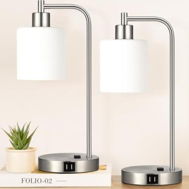 Imagem de Conjunto de 2 candeeiros de mesa industriais com controle de toque com 2 portas USB e tomada CA – Luminária de cabeceira de níquel regulável de 3 vias, candeeiro de cabeceira para quarto, sala de