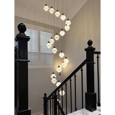 Imagem de Lustres de escada de 20 luzes para tetos altos, lustres de cristal para sala de estar, luminária pendente preta, luz LED regulável para pendurar com controle remoto