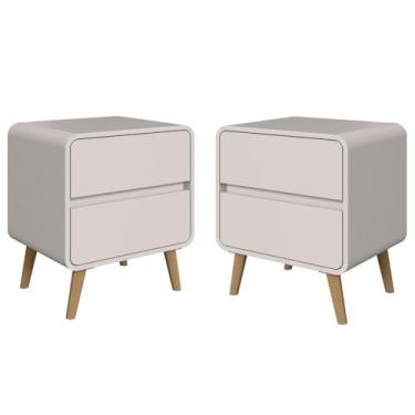 Imagem de Kit Conjunto 02 Mesas de Cabeceira Canto Curvo com 02 Gavetas e Pés Palito Retrô