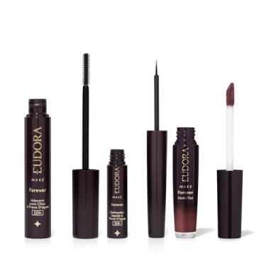 Imagem de Combo Eudora Make: Máscara Cílios Forever 8g + Delineador Líquido Forever 3ml + Batom Líquido Matte Tint Rose Vintage 4ml