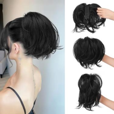 Imagem de SOFEIYAN Extensão de rabo de cavalo curto com clipe de garra, faça você mesmo, fios dobráveis, coque de cabelo falso fofo, extensões de rabo de cavalo de cabelo sintético liso para Wonen - Preto