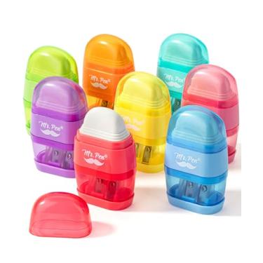 Imagem de Mr. Pen - Apontador de lápis e borracha, pacote com 8, cores brilhantes, 2 furos para afiar, apontador de lápis portátil