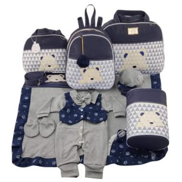 Imagem de Kit bolsa maternidade 5 peças urso chevron marinho + saida maternidade