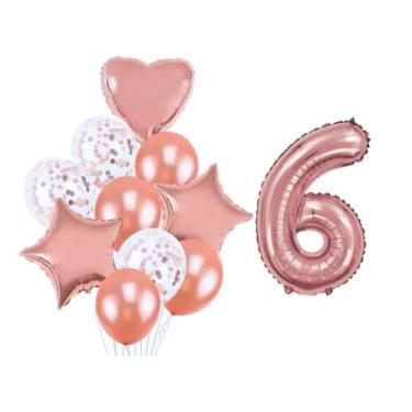 Imagem de Buque 10 Balões  Coração Estrela e 1 Número Metalizado Rose Gold 70cm 