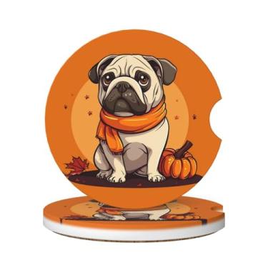 Imagem de Neukim Pacote com 2 porta-copos de carro de folha de abóbora laranja Pug de desenho animado, porta-copos absorvente de cerâmica antiderrapante de 6 cm com base de cortiça e entalhe de dedo, acessórios