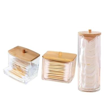 Imagem de Porta Algodão em discos e bolas e Porta Cotonete Kit com 3 Organizadores Higienicos com Tampa de Bambu Acrilico para Banheiro Quarto de Bebe Pote para Armazenar