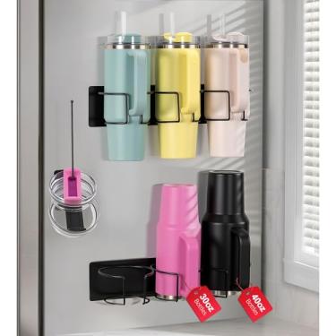 Imagem de 3 suportes magnéticos de copo para geladeira, 2 peças de rack organizador de garrafa de água para copos Stanley de 30 e 1,134 g com 1 organizador de tampa de copo, acessórios de copo Stanley para