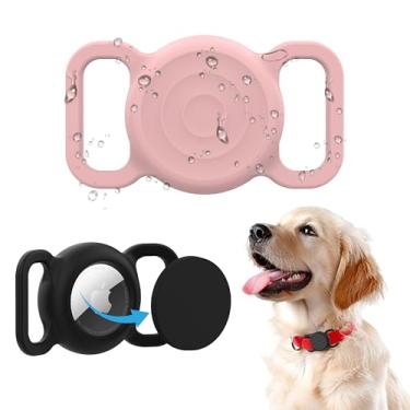 Imagem de Suporte de coleira de cachorro AirTag, à prova d'água para Apple Air Tag, pacote com 2, capa de silicone para coleira de cachorro (preto e rosa)