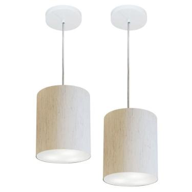 Imagem de Kit-2 Lustre Pendente Cilíndrico Md-4012 Cúpula Em Tecido 18x25cm Linho Bege - Bivolt