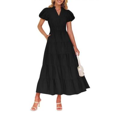 Imagem de Vestido maxi ZESICA, casual de verão, decote em V, com babados, preto