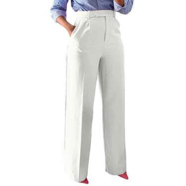 Imagem de Calças sociais Unybwonn, cintura alta, reta, perna larga, branca, femi