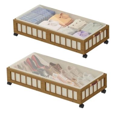 Imagem de efluky Pacote com 2 unidades de armazenamento sob a cama de bambu com rodas, cesta de armazenamento embaixo da cama com grande saco de pó, recipientes de armazenamento sob a cama para quarto
