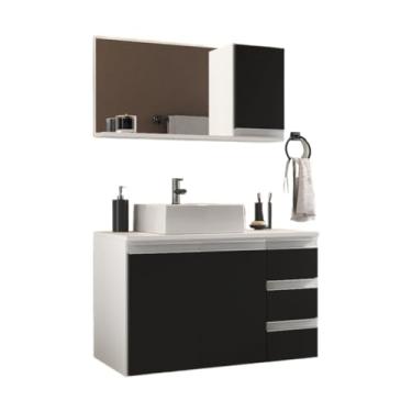 Imagem de Gabinete Banheiro Prisma 80cm (gabinete + cuba + espelheira) Opção: TAMPO VIDRO (Branco/Preto,COM TAMPO)