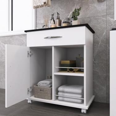 Imagem de Armário Móvel para Banheiro, Branco, com Rodízios e Gaveta, Organizador Multiuso com Prateleiras
